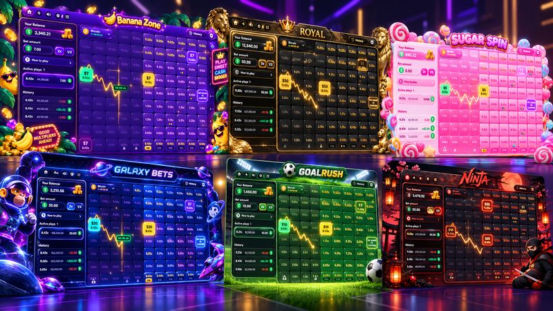 Six skins of the same game: Banana Zone, Royal, Sugar Spin, Galaxy Bets, Goal Rush and Ninja