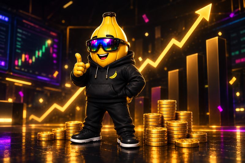 BananaZone character giving a thumbs up beside stacks of gold coins and a rising chart